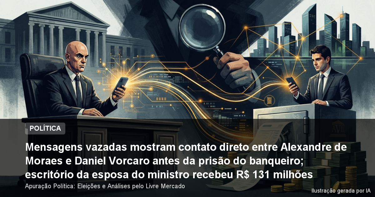 Mensagens vazadas mostram contato direto entre Alexandre de Moraes e Daniel Vorcaro antes da prisão do banqueiro; escritório da esposa do ministro recebeu R$ 131 milhões